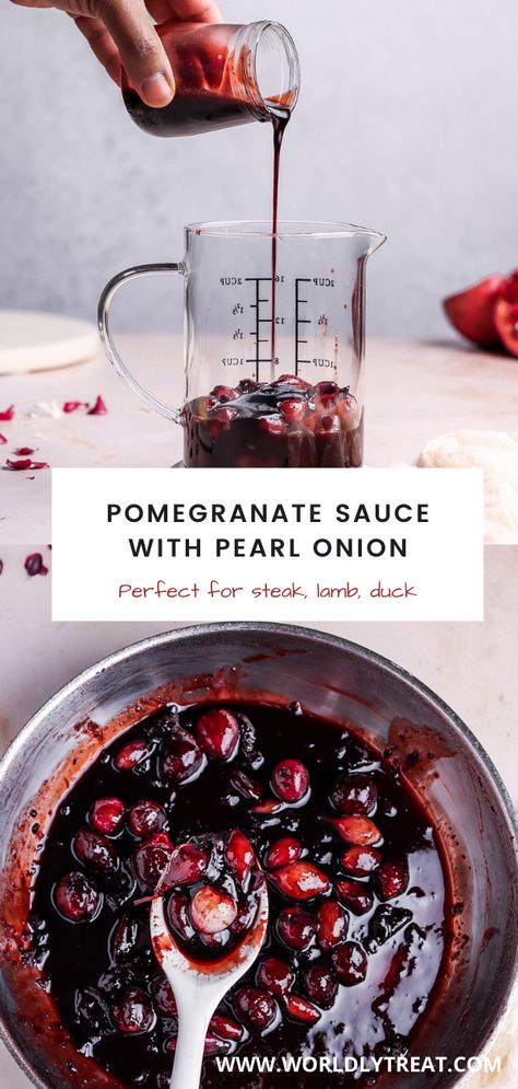 This easy and utterly delicious red wine reduction sauce is perfect for steak, lambs, duck, and more. This pomegranate sauce, a.k.a steak sauce, is made with pearl onion adding richness to an already flavorful red wine sauce. Try this one-pan sauce in 30 minutes or less. Red Wine Steak Sauce Recipe, Cranberry Reduction Sauce, Blueberry Reduction Sauce, Pomegranate Sauce Recipe, Wine Reduction Sauce, Red Wine Reduction Sauce, Wine Steak, Reduction Sauce, Lamb Sauce