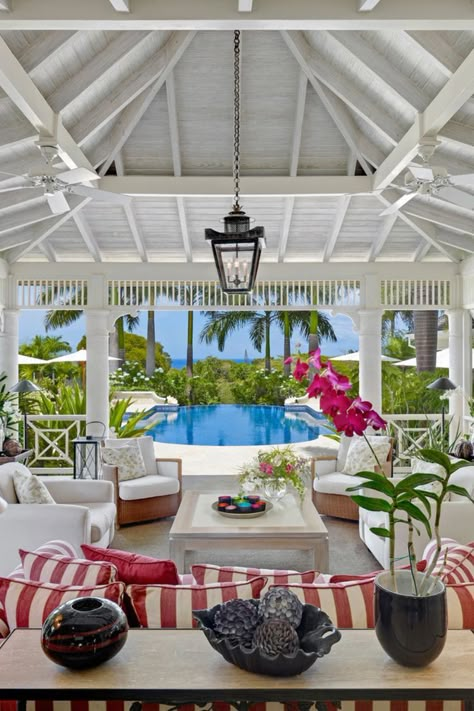 Lounge Area Interior Design, Barbados Villas, Keys House, Caribbean Homes, Outdoor Lounge Area, Caribbean Style, Traditional Contemporary, Tropical Destinations, Ceiling Ideas