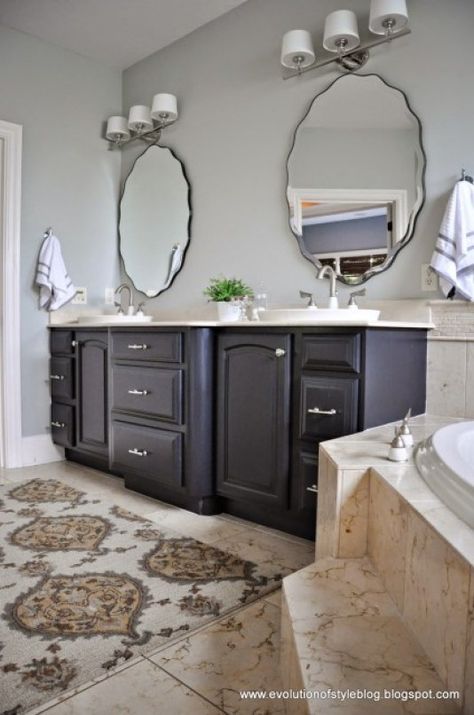 Mini Bathroom Makeovers Gray Vanity Bathroom, Dark Gray Vanity, Gray Wisp, Paint Hardware, Dark Gray Bathroom, Grey Bathroom Vanity, Gray Vanity, Silver Sage, Gray Bathroom