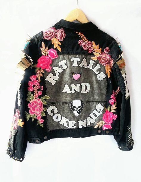 Coke Nails, Denim Battle Jacket, Rat Tails, Customised Denim Jacket, Diy Denim Jacket, Studs And Spikes, Upcycle Clothes Diy, Battle Jacket, Diy Jacket