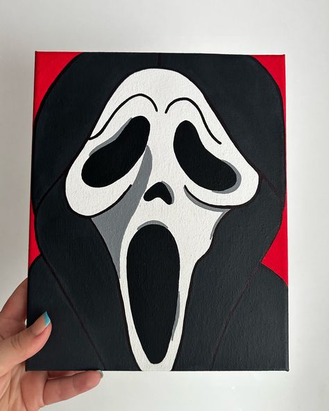 Painting of the famous ghost face off scream for sale £12 😱 Halloween Painting Ghost Face, Easy Ghost Face Painting, Ghost Face Decoration, Scream Mask Painting, Halloween Canvas Art Ideas, Simple Painting Ideas Aesthetic Black, Horror Movie Paintings Canvas Easy, Ghost Face Painting Easy, Scream Painting Easy