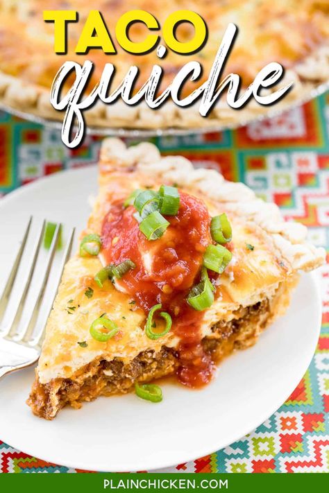 Taco Quiche Recipe – quiche loaded with taco meat, salsa, and cheese. Top with your favorite taco toppings for a fun twist to taco night! Ground beef, taco seasoning, salsa, cheddar cheese, milk, eggs, sour cream, and pie crust. SO simple and full of flavor! Can assemble quiche and freeze unbaked for a quick meal later. I like to double the recipe and bake one and freeze one for later. Everyone LOVES this easy recipe! Taco Quiche, Salsa Ranch Dressing, Chicken Quiche, Easy Weekend Breakfast, Salsa Ranch, Beef Taco Seasoning, Ground Beef Taco, Tortilla Bowls, Delicious Quiche