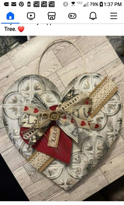 Dollar Tree Tin Tile Crafts, Dollar Tree Faux Tin Tile Crafts Christmas, Tin Hearts Diy, Dollar Tree Faux Tin Tile Christmas Tree, Dollar Tree Wood Heart Diy, Valentine Wood Crafts, Shabby Chic Diy Crafts, Vintage Valentine Crafts, Valentine Assemblage Vintage