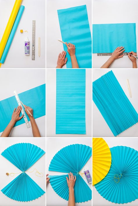 Giant Paper Fans | Oh Happy Day! Paper Hand Fans, Diy Girlande, Paper Fan Decorations, Paper Decorations Diy, Paper Party Decorations, Paper Rosettes, Paper Fan, Flower Decorations Diy, Fan Decoration