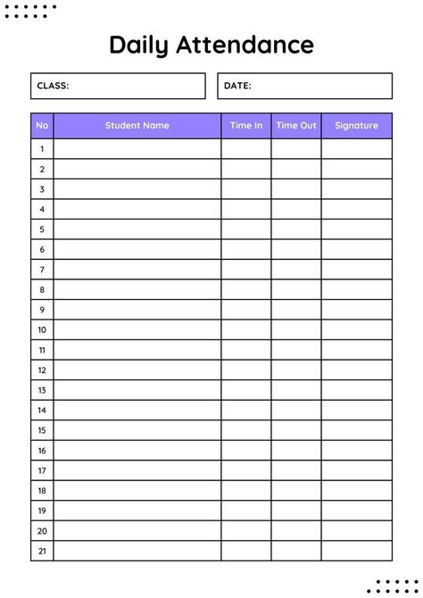 Attendance Sheet Template Free Printable, Attendance Sheets, Attendance List, Attendance Sheet, Student Attendance, School Attendance, Daycare Teacher, Teacher Tools, A Classroom