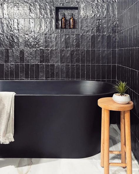 Bold black ceramic tiles for a stunning bathroom remodel Industrial Kitchen Backsplash, Black Tile Bathroom Floor, Black Ceramic Tile, Black Tile Bathrooms, Black Ceramic Tiles, Rustic Industrial Kitchen, Black Subway Tiles, Black Tub, Subway Tiles Bathroom