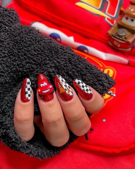 Disney nails ✨ Disney Cars Theme Nails, Lightning Mcqueen Nails Acrylic, Cars Nails Disney, Lightning Mcqueen Nails, Disney Nails Acrylic, Cars Nails, Car Nails, Disney Cars Theme, Maquillaje Aesthetic