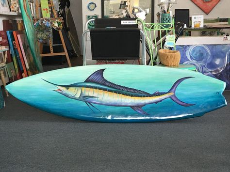 Blue Marlin Fish painting on a Surfboard by Gabriela. Weather resistant wall art available at the beach art studio Blue Marlin Painting, Marlin Painting, Hawaiian Flower Drawing, Margaritaville Party, Blue Marlin Fish, Indoor Painting, Surfboard Painting, White Marlin, Tropical Artwork