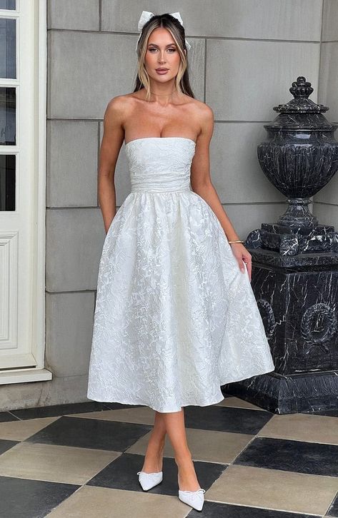 Dresses | Buy Dresses Online – BABYBOO Wedding Tea Length Dress, Sachin & Babi Gemma Strapless Back-bow Pearl Midi Dress, Bridal White Outfits, White Elegant Midi Dress, White Dress After Party, Rehearsal Dinner Dress Fall Bride, Square Neck Reception Dress, Off White Cocktail Dress, Bridal Reception Dress Midi