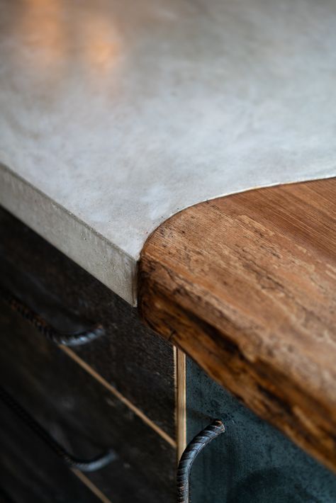 Our hand made cast-in situ polished concrete worktop meets our hand made wooden worktop. Concrete Worktop Kitchen, Concrete And Wood Kitchen, Polished Concrete Worktop, Wood Island Countertop, Polished Concrete Countertops, Polished Concrete Kitchen, Concrete Worktop, Concrete Kitchen Island, Concrete Bar