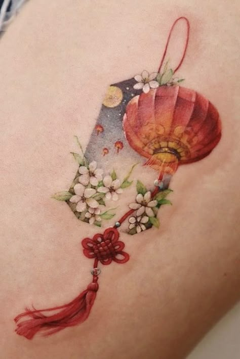 Tattoo China Style, Vietnamese Lantern Tattoo, Japanese Lantern Tattoo, Norigae Tattoo, Asian Inspired Tattoos, Vietnam Tattoo, Charm Tattoo, Lantern Tattoo, Aespa Itzy