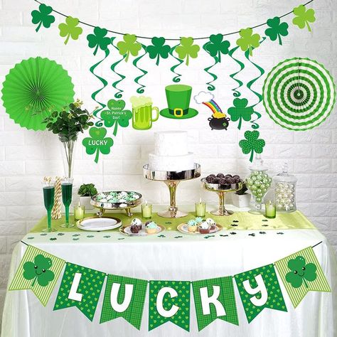 36 count St. Patrick's Day Decorations Pre-assembled 14 St. Patrick's Swirls with Cutout1 'LUCKY' Banner 1 Felt Shamrock Banner 4 Strings of Shamrocks 2 Paper Fans New Orleans Beads, Mardi Gras Flag, Shamrock Garland, Day Party Decorations, Fete Saint Patrick, St. Patrick's Day Crafts, Paper Pom Poms, St Patrick's Day Decorations, Fabric Cards