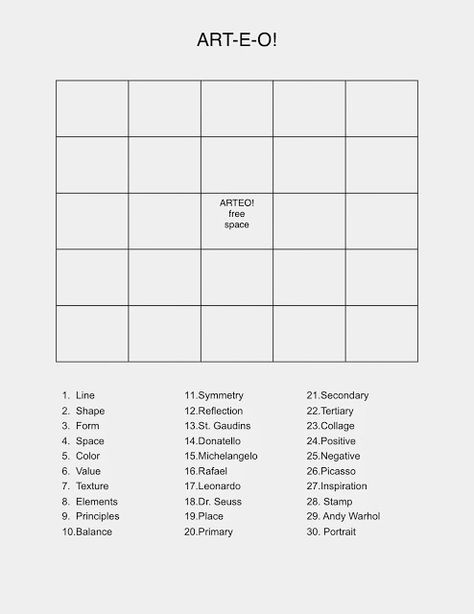 The Smockery: Sub Plans - Art Bingo! Art Substitute Plans, Art Bingo, Art Sub Lessons, Elementary Art Classroom, Art Sub Plans, Art Handouts, Art Plan, Art Games, Art Teaching