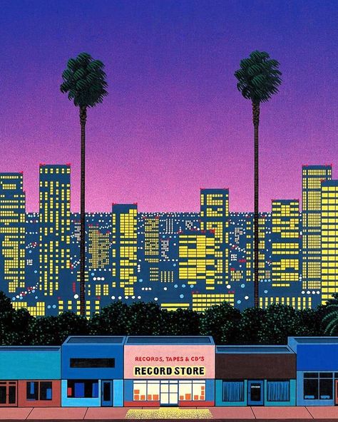 Hiroshi Nagai Art, City Pop Wallpaper, R&b Vibes Aesthetic, Retro Art Aesthetic, Circus Background, Hiroshi Nagai, Art Deco Fonts, 80s Art, Retro City