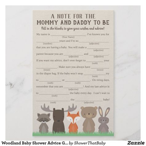 Woodland Baby Shower Advice Game Cards Use our woodland themed baby shower advice cards for a fun and unique way to leave their advice and wishes. The card has phrases like "Make sure you always have ___________ in the diaper bag" and to be sure to "_____________ the baby everyday." Woodland animals include a fox, moose, raccoon, rabbit, and bear. ❤  Affiliate ad link.  Fun baby shower invites - customize your invitations. #babyshowerideas #invites #invitations Baby Animal Name Game, Baby Animal Names, Price Is Right Games, Name Game, Baby Shower Advice, Baby Shower Woodland Theme, Name Games, Price Is Right, Baby Shower Activities