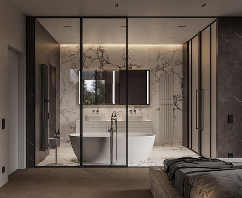 Bedroom on Behance Open Layout Bedroom, Bedroom Bathroom Open Concept Master Suite, Bathroom With Glass Wall To Bedroom, Open Bathroom In Bedroom, Bedroom Open Bathroom, Bathroom In Bedroom Open, Bathroom Inside Bedroom, Open Bedroom Bathroom Layout, Open Bathroom Bedroom