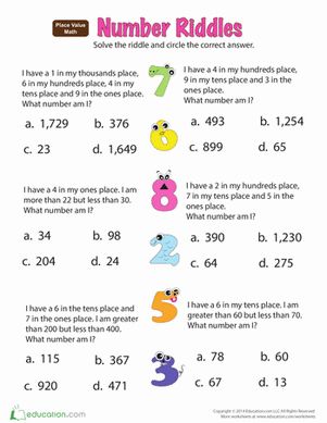 Figure out what the numbers are from the clues! For example, which number has four tens and five ones? These math riddles are a fun challenge for kids. Maths Riddles For Grade 2, Number Riddles, Mental Maths Worksheets, Maths Worksheet, Mental Maths, Printable Alphabet Worksheets, Place Value Worksheets, First Grade Math Worksheets, 3rd Grade Math Worksheets