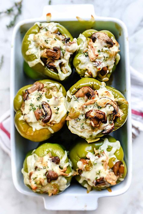 Creamy Chicken and Mushroom Stuffed Bell Peppers | foodiecrush.com #stuffed #peppers #bell #chicken #creamy #recipe Stuffed Bell Peppers Turkey, Stuffed Bell Peppers Chicken, Stuffed Peppers With Rice, Mushroom Stuffed, Stuffed Peppers Turkey, Chicken And Mushroom, Bell Pepper Recipes, Nice Recipes, Foodie Crush