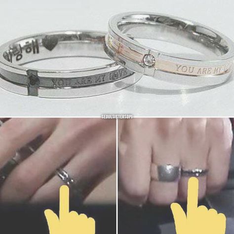 Jikook’s couple rings have been identified and say “saranghae” on the inside. And “you are my love” on the outside. They wore these on their 800th day anniversary then took them off the next day. (Too suspicious to wear constantly) Antique Ring Settings, Sapphire Band, Krabi, Jimin Jungkook, Couple Rings, Busan, Bts Fanart, Bts Taehyung, Bts Memes