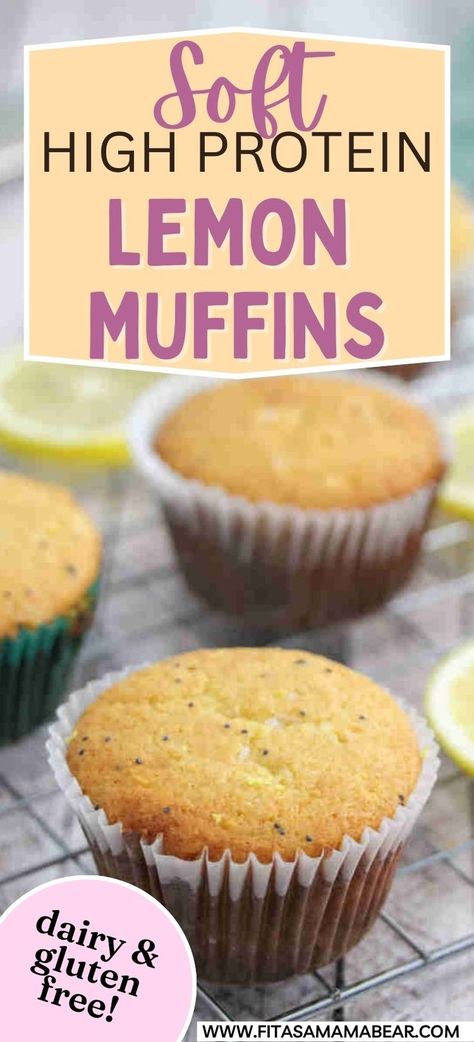 Lemon protein muffins on a cooling rack with lemons around them. Healthy Lemon Muffins, Almond Flour Lemon Poppyseed Muffins, Lemon Protein Muffins, Lemon Muffins Healthy, Protein Lemon Poppyseed Muffins, Lemon Poppyseed Muffins Healthy, Gluten Free Protein Muffins, Healthy Lemon Poppyseed Muffins, Protein Breakfast Muffins