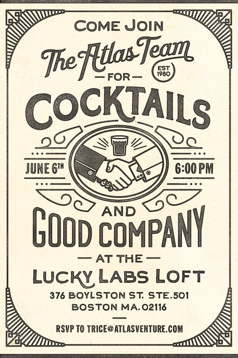 Atlas Cocktail Party - CommonerInc - type - lettering Cocktail Invite, Beverage Label, Numbers Tattoo, Inspiration Typographie, 10 Tattoo, Vintage Logos, Etiquette Vintage, Alcoholic Beverage, 타이포그래피 포스터 디자인