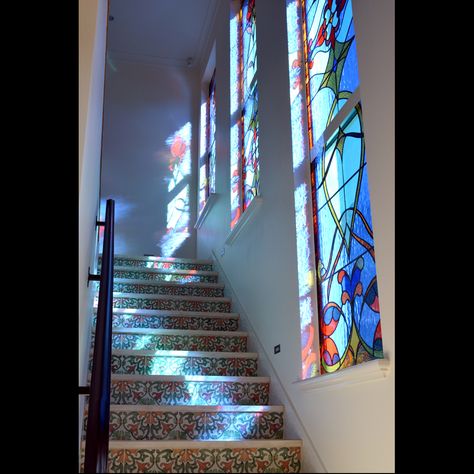 Stained glass window repair | Stained glass window panels | Church stained glass windows | TSG Mediterranean Stained Glass Windows, Stair Room Window Design, Staircase Window Design Modern, Wall Above Stairs, Modern Stained Glass Windows, Window Glasses, Stained Glass Window Panels, Church Stained Glass Windows, Mexico House Ideas