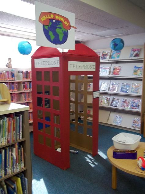 Cardboard Telephone Booth, Club Booth Ideas School, Cardboard Telephone, Cardboard Phone, Teen Book Club, Childrens Halloween Party, Booth Diy, British Party, Teen Book