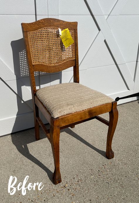 This antique oak chair makeover is such a great trash to treasure project! Once I banished the dreadful Berber carpet like upholstery, it was game on! Oak Chair Makeover, Serpentine Dresser, Diy French Country Decor, Dining Chair Makeover, Antique Dining Chairs, Painted Side Tables, Antique Bookcase, Armless Accent Chair, Styling Shelves