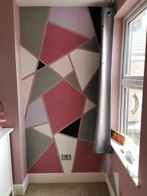 Wanted to add more colour and a bit of funk to my daughters bedroom, simple one day project with a little masking tape and tester pots! Masking Tape Wall Paint, Masking Tape Wall, Masking Tape Art, To My Daughters, Tape Wall, Daughter Bedroom, Tape Painting, Tape Art, Wall Paint