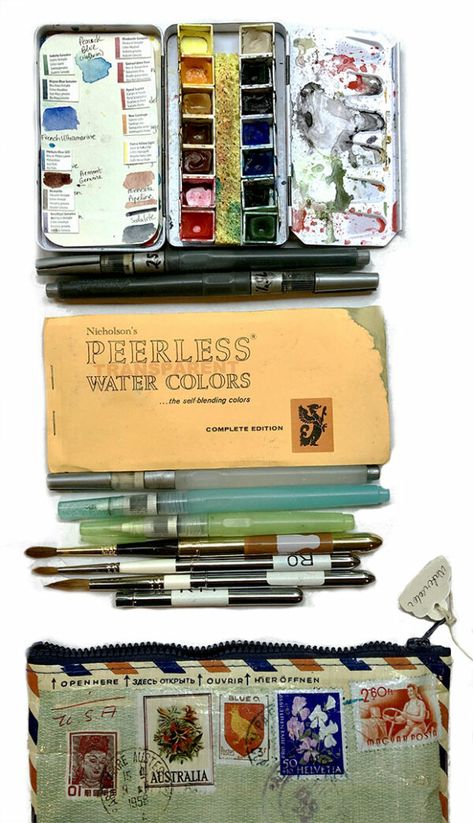 Traveling Art, Art Supplies List, Travel Watercolor, Drawing Kits, Tombow Markers, Travel Art Kit, Derwent Inktense, Paint Palettes, Art Supplies Bag