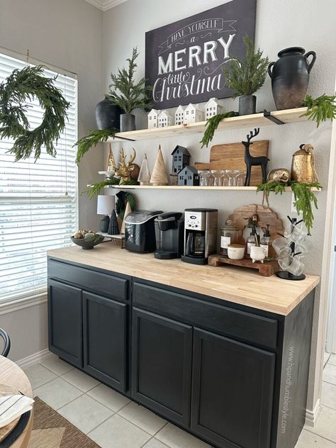 How To Create A Beautiful And Festive Coffee Bar * Hip & Humble Style Buffet Table Bar Ideas Decor, Coffee Bar Christmas Decor Ideas, Hot Chocolate Bar Kitchen Counter, Above Coffee Bar Decor, Christmas Coffee Station Ideas, Christmas Coffee Decor, Simple Christmas Coffee Bar, Xmas Coffee Bar, Dollar Tree Coffee Bar Ideas