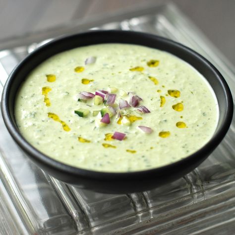 This cool, refreshing cucumber soup from Andrew Zimmern gets tang and creaminess from Greek yogurt and big, summery flavor from lots of fresh herbs. Dill Soup Recipe, Dill Soup, Cold Soup Recipes, Cucumber Soup, Dill Recipes, Cucumber Yogurt, Chilled Soup, Summer Soup, Cold Soup