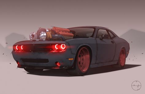 ArtStation - Supercharged "Demon" Challenger Vehicle Design, Mike Patrick Cool Car Drawings, Car Artwork, Custom Muscle Cars, Concept Car Design, Street Racing Cars, Demon Art, Futuristic Cars, Automotive Art, Car Drawings