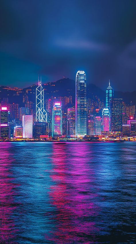 Experience the vibrant Hong Kong skyline at night, where neon lights illuminate the city. Perfect for social Geminis, this cinematic scene captures urban energy and dazzling cityscapes. Astro Travel, Cinematic Scene, Hong Kong Skyline, Skyline At Night, Colorful City, Neon Nights, 2025 Vision, Neon Lights, City Skyline