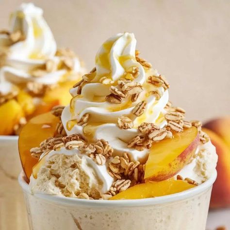 Ninja Creami Peaches & Cream Oatmeal Frozen Yogurt Recipe - Ninja Creami Ice Cream Recipes [Healthy Protein Recipes] Healthy Lemon Sorbet, Ice Cream Recipes Healthy, Healthy Protein Recipes, Ninja Creami Ice Cream Recipes, Watermelon Sorbet Recipes, Strawberry Sorbet Recipe, Frozen Yogurt Recipe, Coffee Ice Cream Recipe, Milkshake Recipe Easy