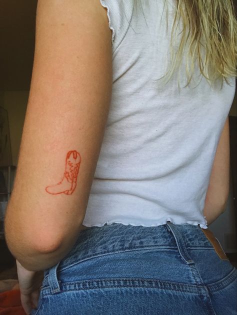 Red cowboy boot tattoo, cute red ink tattoo, friend matching tattoo Red Cowgirl Boot Tattoo, Red Cowboy Boots Tattoo, Cowboy Boot Tattoo Placement, Cowboy Boot Tattoo Ankle, Cowboy Boot Flowers Tattoo, Red Cowboy Boot Tattoo, Disco Cowboy Tattoo, Cowboy Boot Tattoo For Women, Boot Tattoos For Women