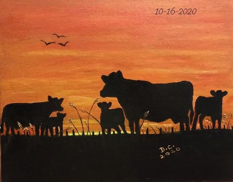 “Cows at Sunset” 2020 Acrylic on 8”x10” canvas board Cow Sunset Wallpaper, Cow Pics On Canvas, Cowboy Sunset Painting, Rustic Cow Painting, Cows In Sunset, Cow Painting, Canvas Board, Art Lessons, Sculpture Art