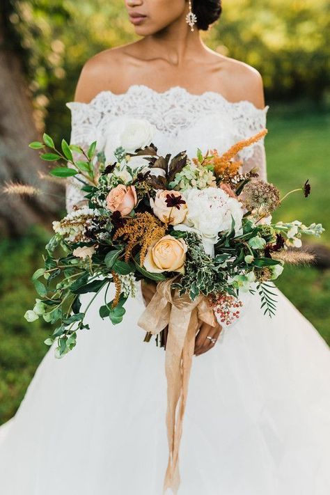 mustard yellow, peach and greenery fall wedding bouquet with dark red flowers Fall Flower Wedding Bouquets, Early Spring Wedding, Unique Wedding Bouquet, Fall Wedding Color Schemes, Green Wedding Bouquet, Autumn Bridal, Wedding Autumn, Autumn Weddings, Bridal Bouquet Fall