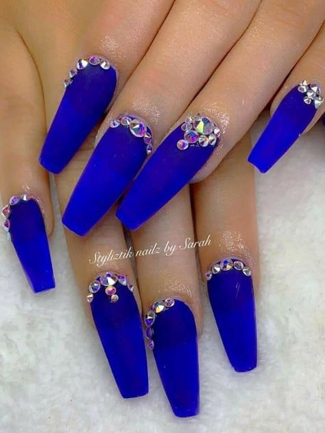 Blue Acrylic Nails Coffin, Bling Coffin Nails, Trendy Short Acrylic Nails, Royal Blue Acrylic Nails, Nails Royal Blue, Nails With Crystals, Royal Nails, Trendy Fall Nails, Blue And Silver Nails