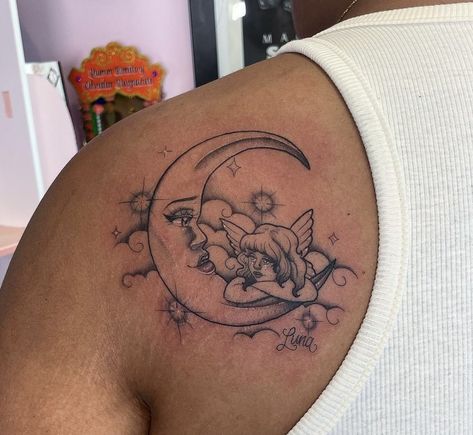 Angel And Moon Tattoo, Angel On Moon Tattoo, Fairy Sitting On Moon Tattoo, Pretty Moon Tattoos, Pink Moon Tattoo, Clouds And Stars Tattoo, Whimsical Tattoos, Rib Tattoos For Women, Cherub Tattoo