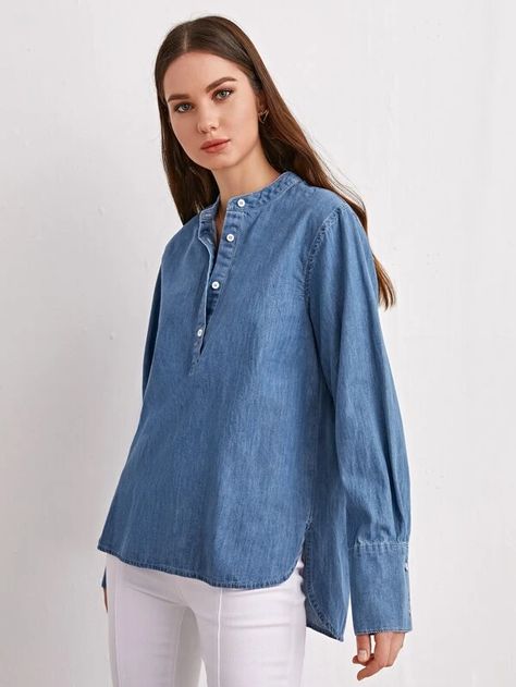 Button Half Placket High Low Hem Denim Top | SHEIN USA Denim Top Women, Modest Tops, Top Shein, Lovely Things, High Low Hem, Denim Top, Denim Women, High & Low, High Low