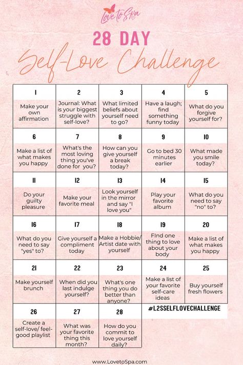 Who Loves ya baby? It better be you! Try this 28 day self love challenge and see how many you can complete. #selflove #selflovechallenge #selflovehelp #selflovejournalprompts