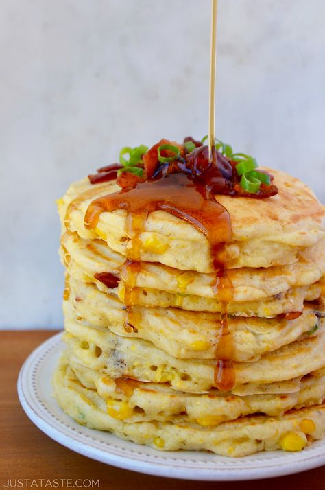 Just a Taste | Sweet Corn Pancakes with Bacon Pancakes With Bacon, Cornmeal Pancakes, Corn Pancakes, Corn Fritter Recipes, Pancakes And Bacon, Just A Taste, Bacon Recipe, Corn Fritters, Fritter Recipes