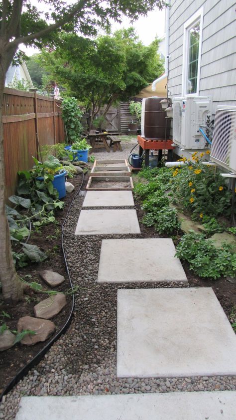 Poured Concrete Pavers, Poured In Place Concrete Pavers, Backyard Paths, Paver Sidewalk, Concrete Pavers Walkway, Poured Concrete Patio, Solar Garden Decor, Decorative Garden Fencing, Concrete Stepping Stones