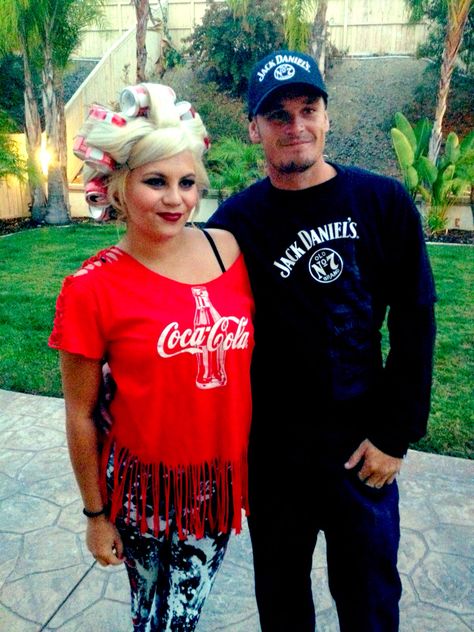 Jack and Coke Costume, Couples Costume Idea, Coke-a-Cola, Jack Daniels, Halloween #Halloween  #JacknCoke #CouplesCostume #CokeCostume #CokeCanCurlers #JackDaniels #CokeACola Jack And Coke Costume, Jack And Coke Costumes, Coke Costume, Circus Themed Costumes, Easy Diy Halloween Costumes, Costume Couples, Sheriff Callie, Halloween Costumes For Family, Jack And Coke