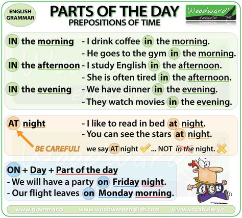 AT, ON, IN with parts of the day - Prepositions of Time in English. Woodward English, Grammar Notes, English Grammar Notes, English Prepositions, English Grammar Rules, Teaching English Grammar, Language Spanish, Grammar Rules, Learn English Grammar