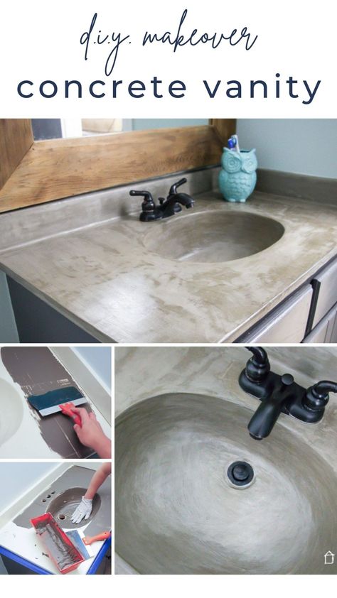 Diy Concrete Vanity, Diy Vanity Makeover, Concrete Bathroom Vanity, Painting Bathroom Countertops, Vanity Update, Bathrooms Vanity, Diy Bathroom Sink, Diy Bathroom Vanity Makeover, Vanities Ideas