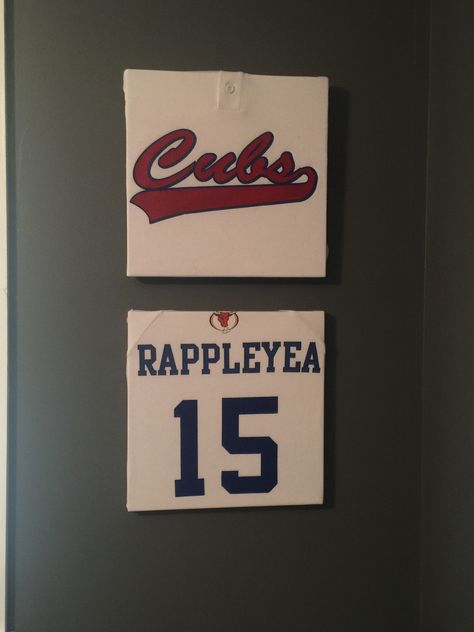 Old baseball jersey on canvas. Jersey Ideas, Baseball Ideas, Sports Ideas, Baseball Room, Basement Laundry Room, Basement Laundry, Hockey Mom, Boys Room, Baseball Jersey