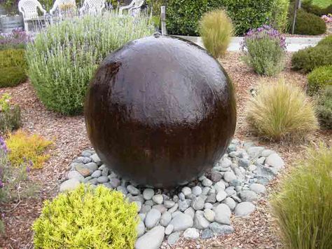 Stone sphere water feature Landscaping With Fountains, Water Fountain Design, Water Feature Wall, Seaside Garden, Small Water Features, Garden Water Feature, Fountains Backyard, Coastal Gardens, Water Features In The Garden