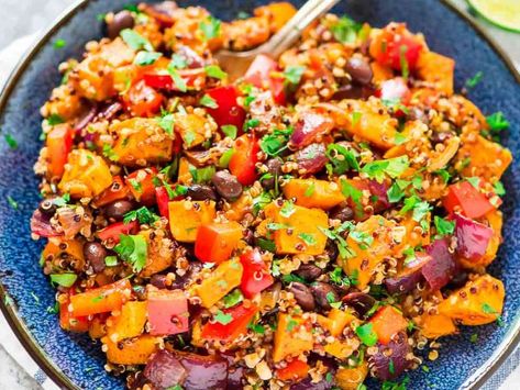 Sweet Potato Quinoa Black Bean Salad Recipe - Whisk Quinoa Black Bean Salad, Black Bean Quinoa Salad, Bean Quinoa Salad, Sweet Potato Quinoa Salad, Sweet Potato Salad Recipe, Sweet Potato Quinoa, Black Bean Salad Recipe, High Protein Salads, Dishes Recipe